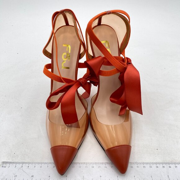 FSJ Orange Clear High Heel Pump D'Orsay Pointed Toe Ankle Strap Lace Up Sandal - Picture 2 of 7